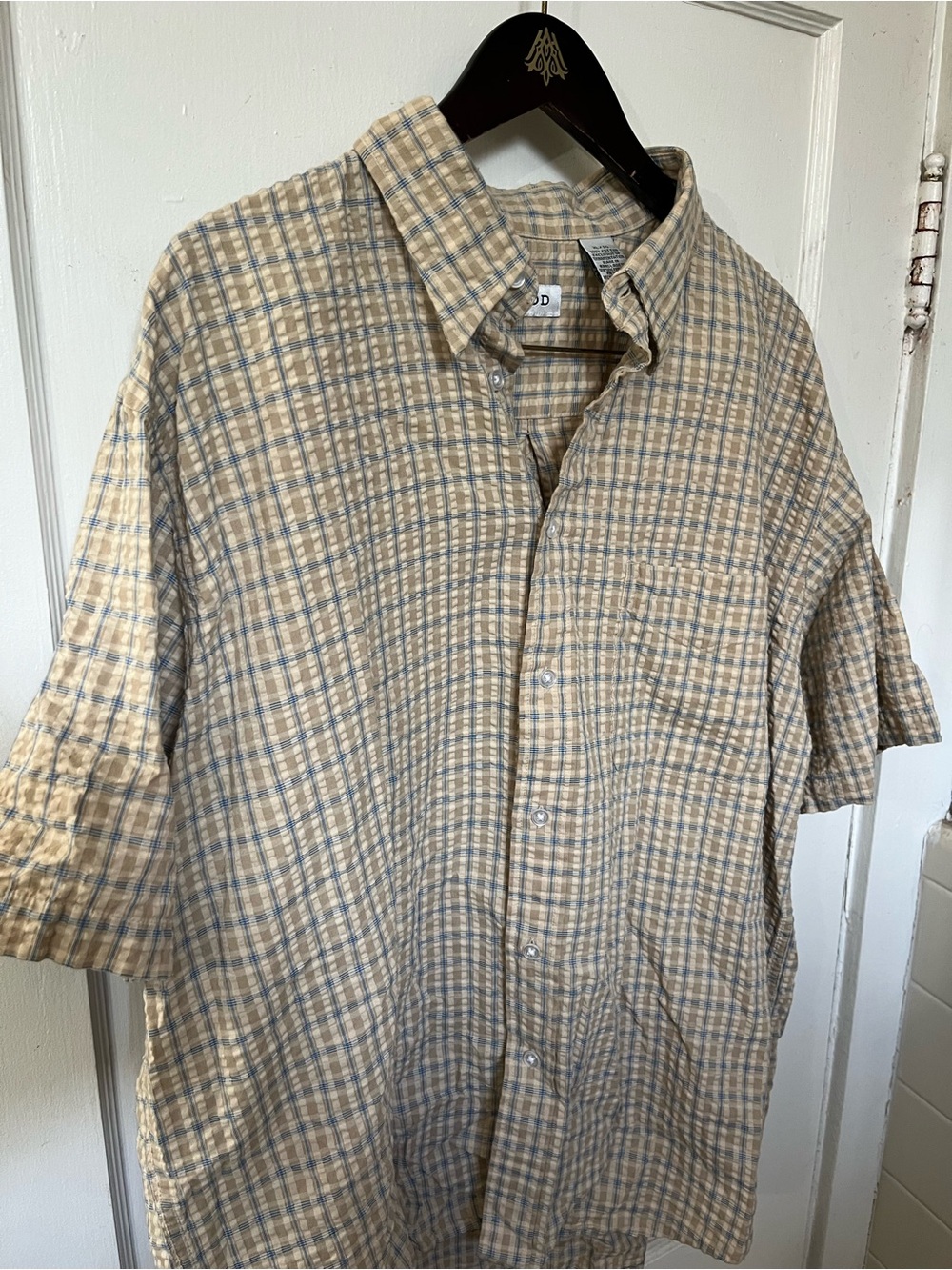 Izod Mens XL Button Down Shirt Short Sleeve Plaid Plisse Seersucker Casual EUC - Picture 2 of 5